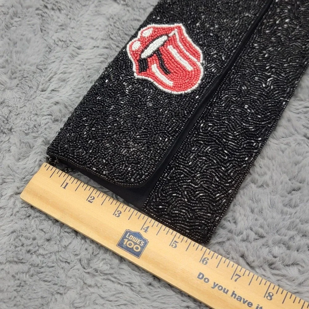 Rolling Stones Beaded Tongue Clutch Bag Womens Small Black Chain Crossbody Purse